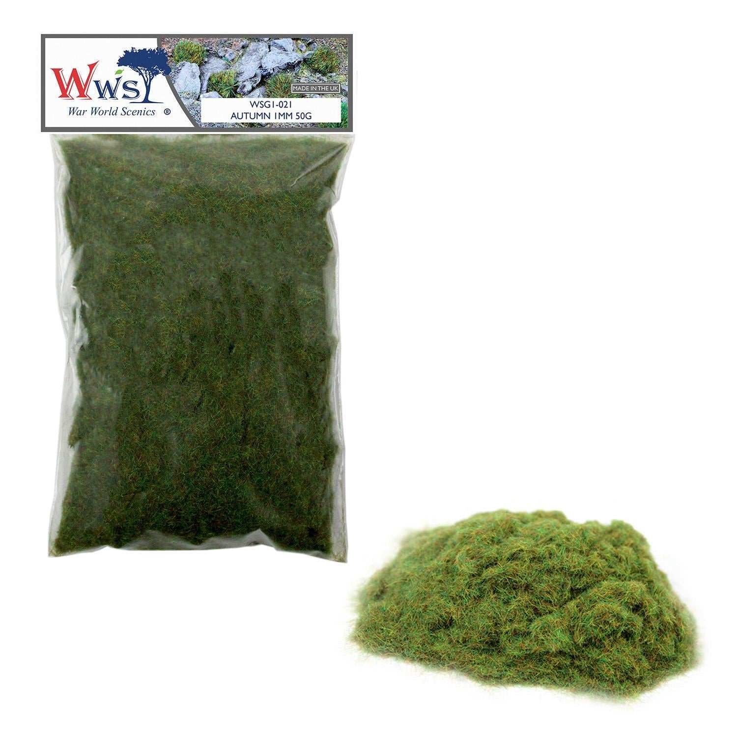 WWScenics 1mm Autumn Static Grass in warm burnt orange, golden yellow, and brown shades for realistic miniature terrain and model scenery.