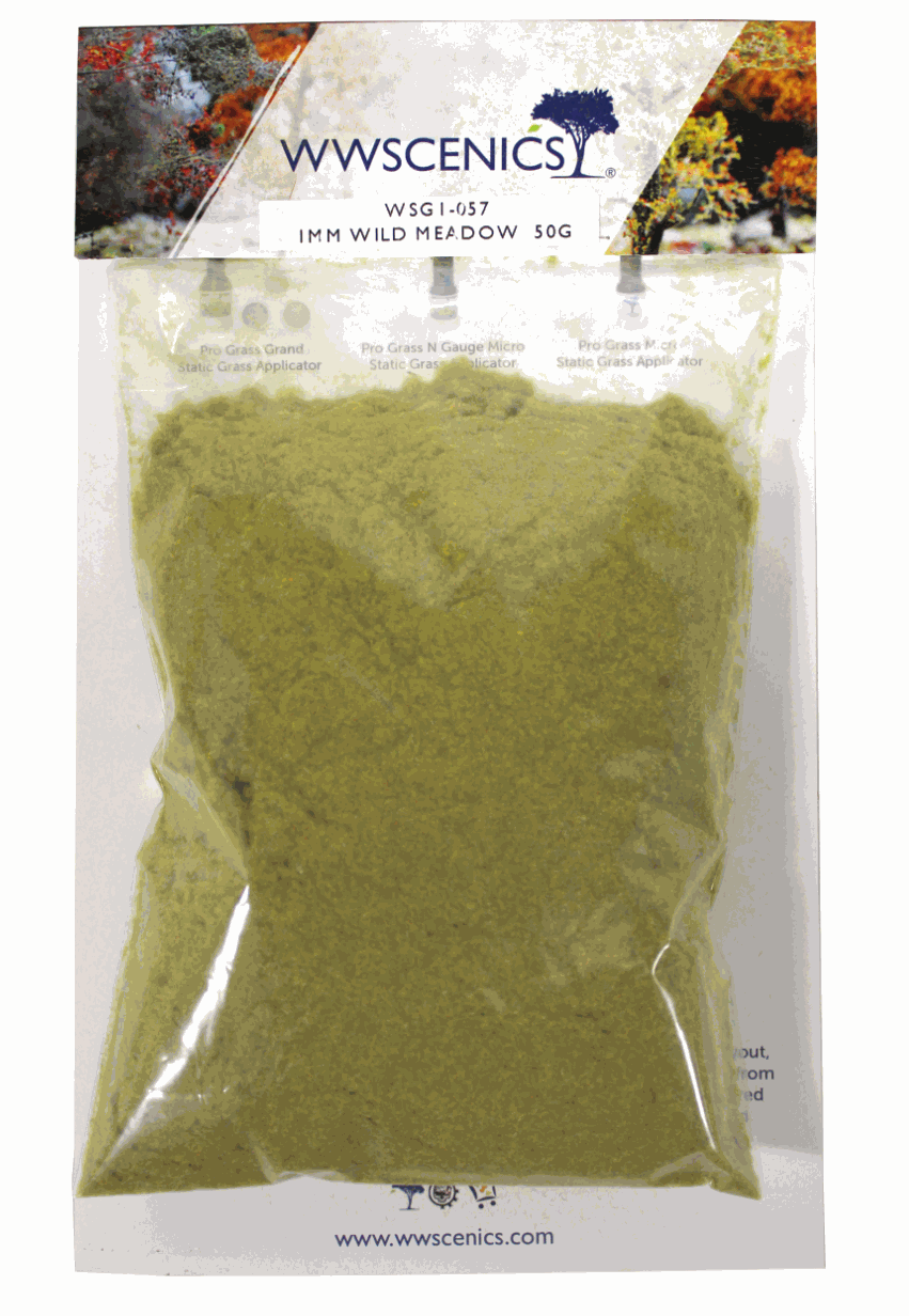 WWScenics 1mm Wild Meadow Static Grass 50g pack with fine natural green and earthy tones for realistic miniature terrain and diorama detailing
