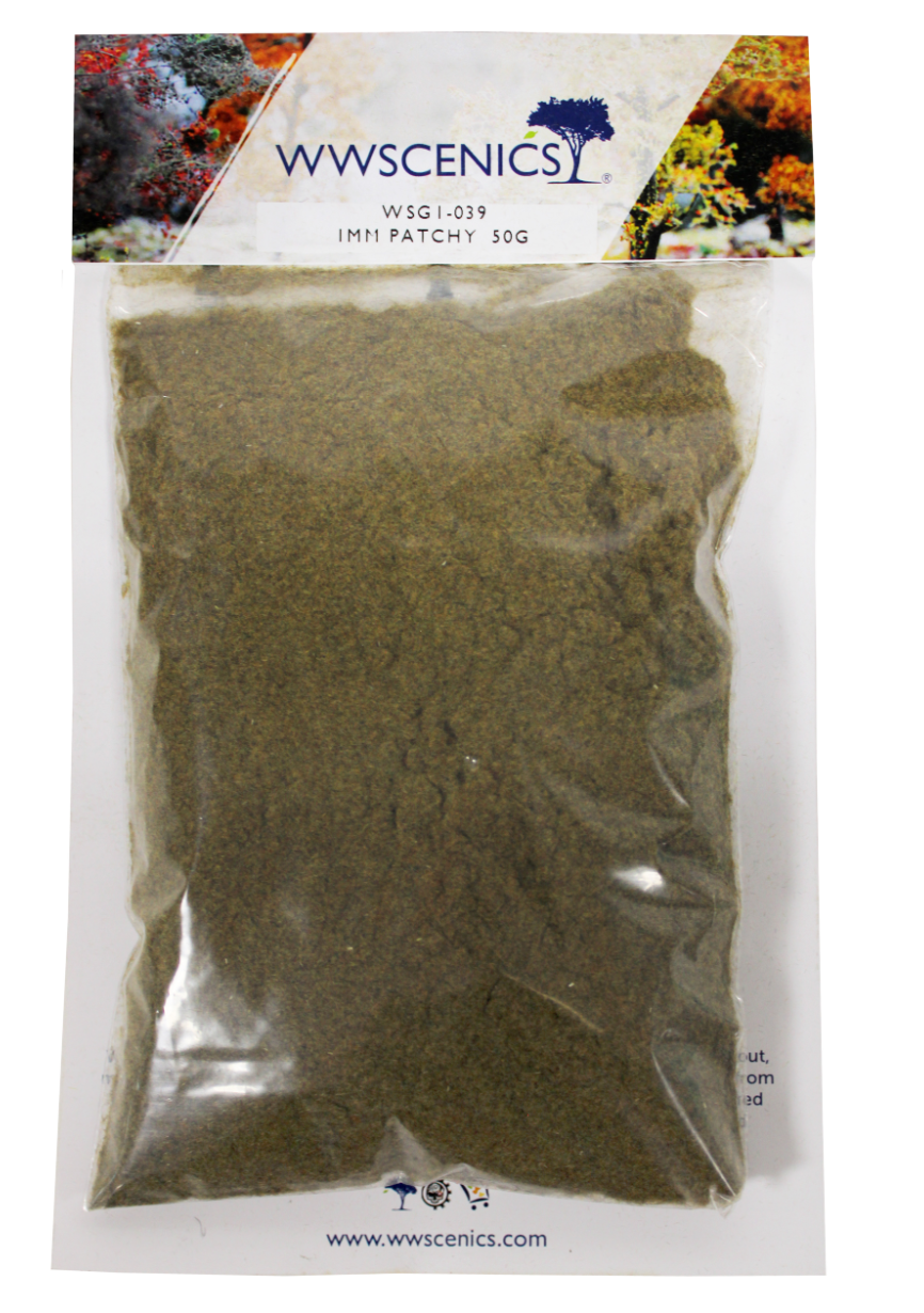 WWScenics 1mm Patchy Static Grass for realistic miniature basing and scenic ground cover with multi-tone blend of greens and browns.
