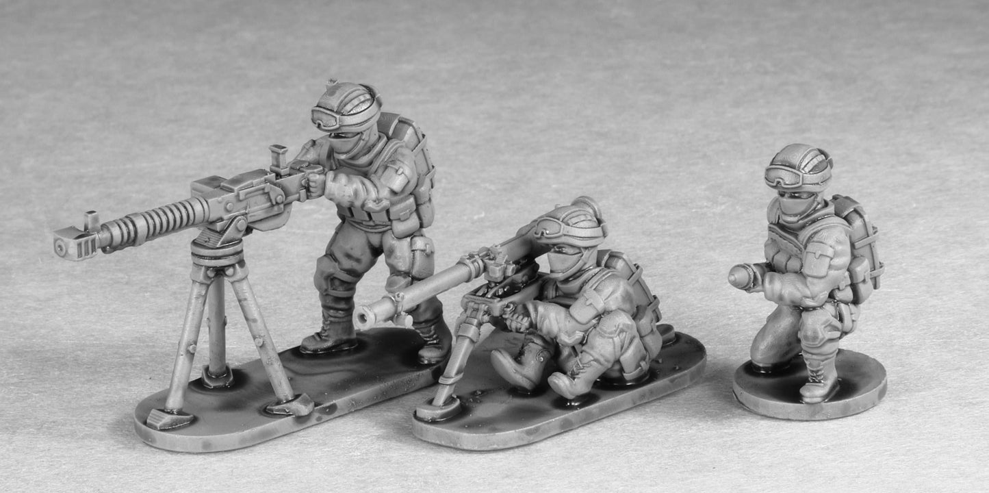 28mm Modern Russian Heavy Weapons resin miniatures set with three unpainted soldier figures in combat gear and heavy weaponry.