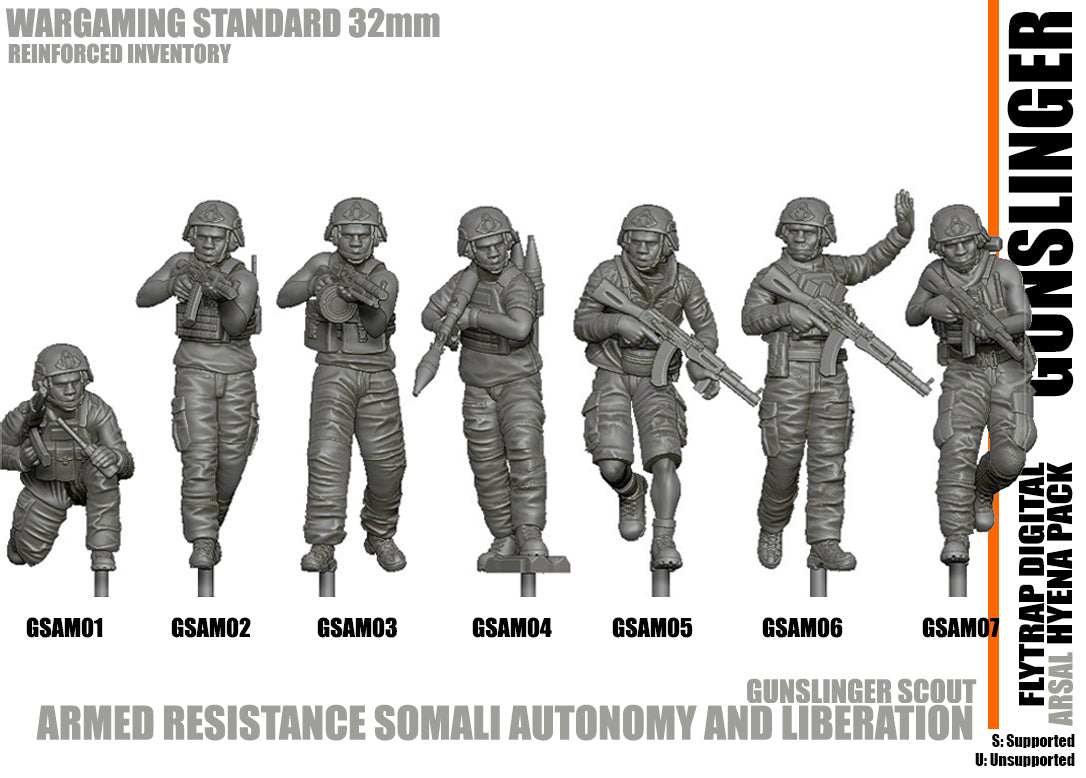 28mm modern gunslinger resin miniatures set by FlyTrap Digital featuring six unpainted, detailed armed resistance figures from Somali autonomy theme