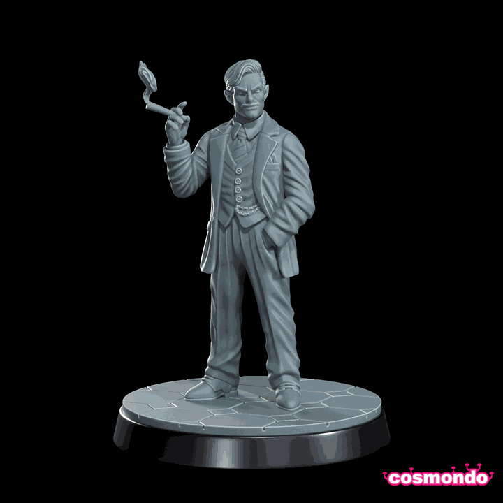 32mm resin miniature of The Millionaire Cthulhu investigator holding a cigar, unpainted and highly detailed model