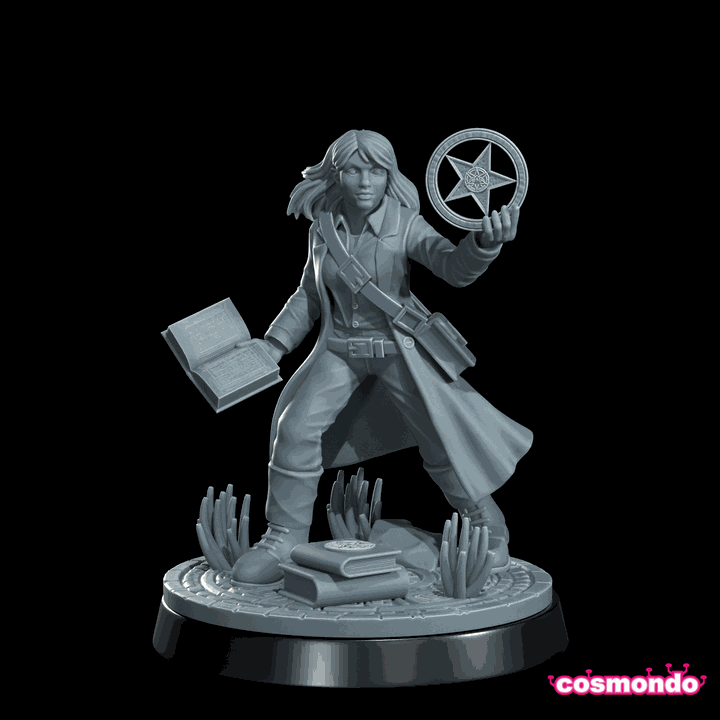 32mm The Cult Expert resin miniature of a female Cthulhu investigator holding a book and a pentagram symbol standing on a detailed base with tentacles and books