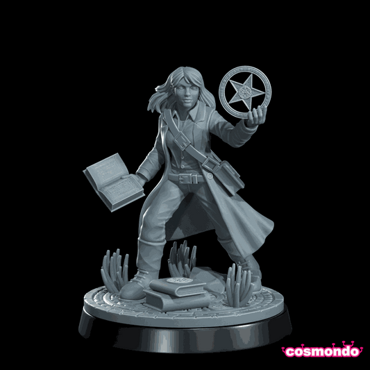 32mm The Cult Expert resin miniature of a female Cthulhu investigator holding a book and a pentagram symbol standing on a detailed base with tentacles and books
