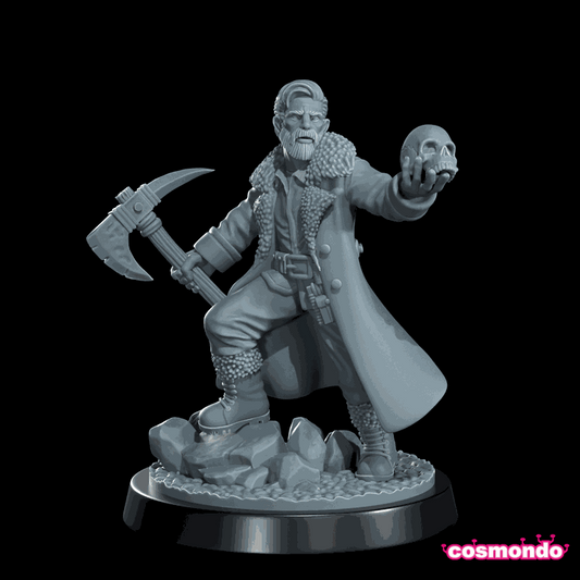 32mm Anthropologist resin miniature holding a skull and a pickaxe on rocky base, unpainted Cthulhu investigator model