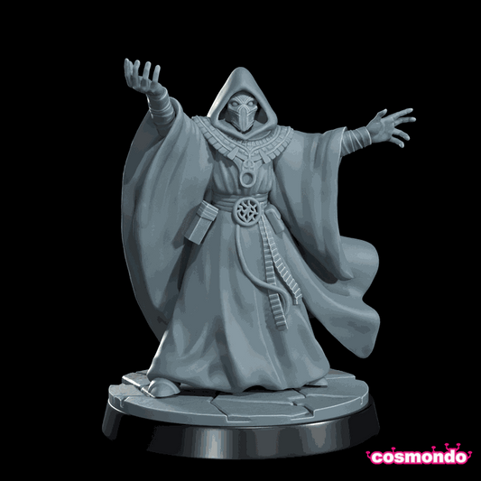 32mm resin miniature of Bayous Cultist 1 Cthulhu character unpainted model with hooded cloak and outstretched arms