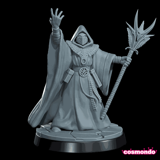 32mm Bayous Cultist unpainted resin miniature figurine with hooded cloak and staff, Cthulhu character model