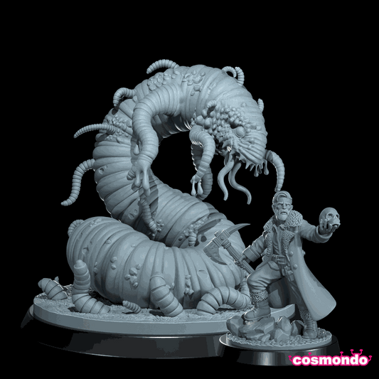 32mm Bayous Blightworm cosmic horror monster resin miniature with anthropologist scale figure for size reference
