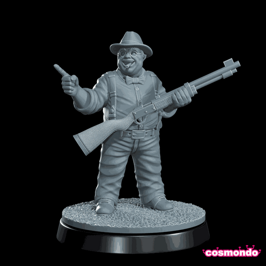 32mm Landowner Cthulhu investigator resin miniature holding a shotgun and wearing a hat and glasses on a textured base