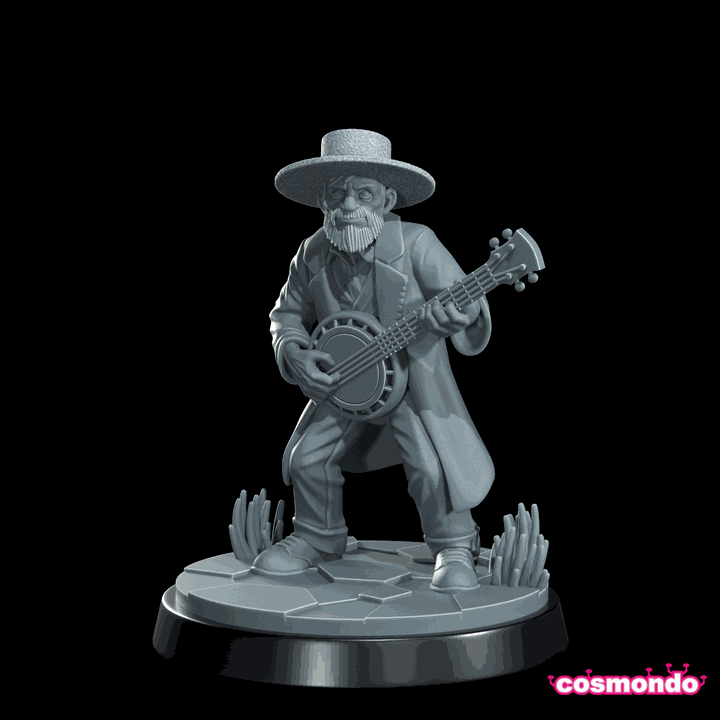 32mm unpainted resin model of a Mad Old Banjo Cthulhu investigator holding a banjo with detailed clothing and hat on a textured base