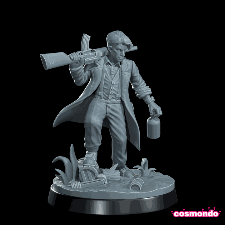 32mm resin miniature of The Bootlegger Cthulhu investigator holding a rifle and a bottle, unpainted model on detailed base