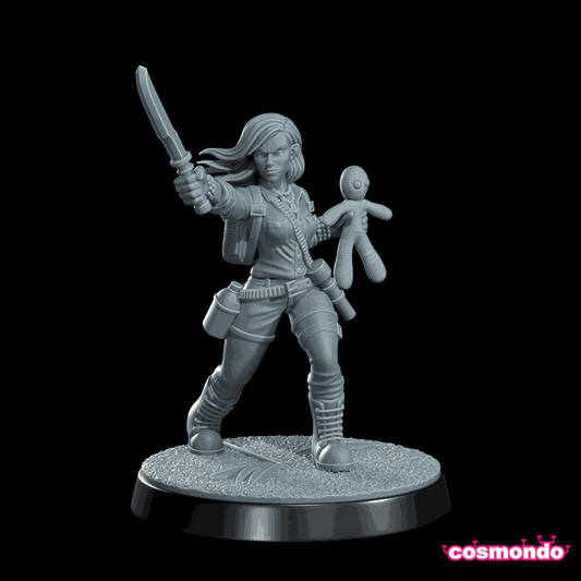 32mm resin miniature of The Voodoo Expert Cthulhu Investigator holding a knife and voodoo doll on a textured base