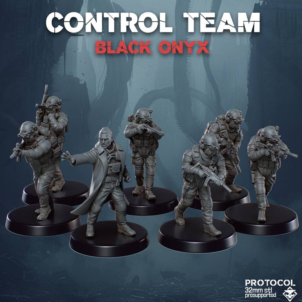 Set of seven 32mm Black Onyx resin printed miniature figures unpainted and unbased