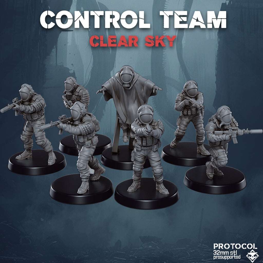 Set of seven 32mm resin printed Control TEAM Clear SKY miniatures unpainted and assembled