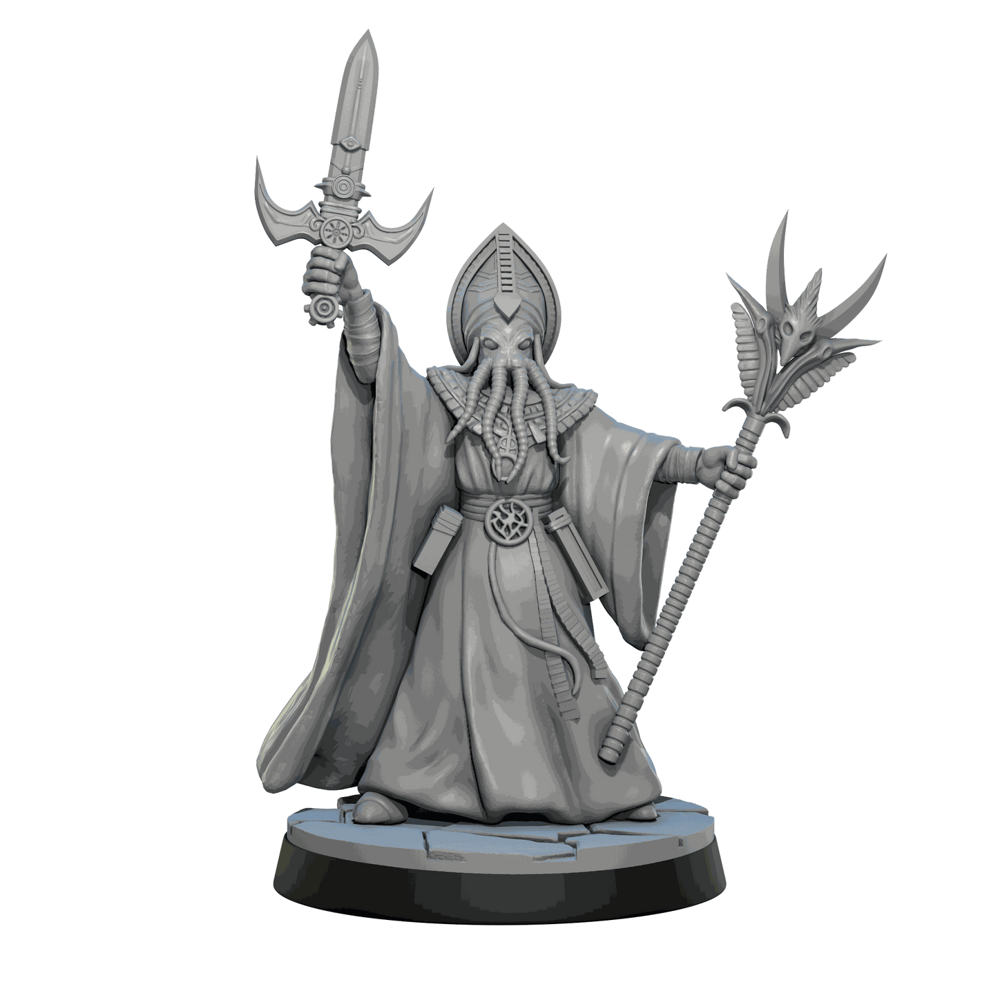 32mm Leader Cultists resin miniature model of Cthulhu character unpainted with detailed robes and weapon staff