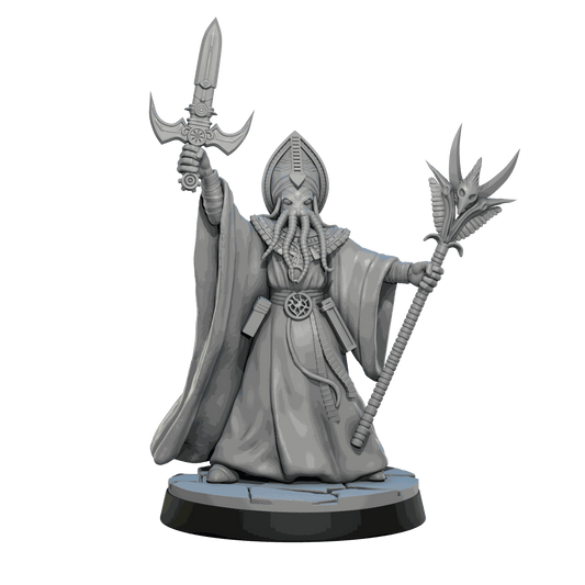 32mm Leader Cultists resin miniature model of Cthulhu character unpainted with detailed robes and weapon staff