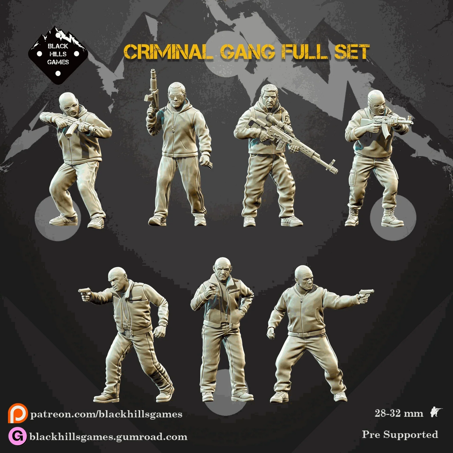 28mm modern criminal gang resin miniatures set with 7 unpainted European criminals holding AKS74U, AK47, Makarov pistol, and SVD sniper rifle