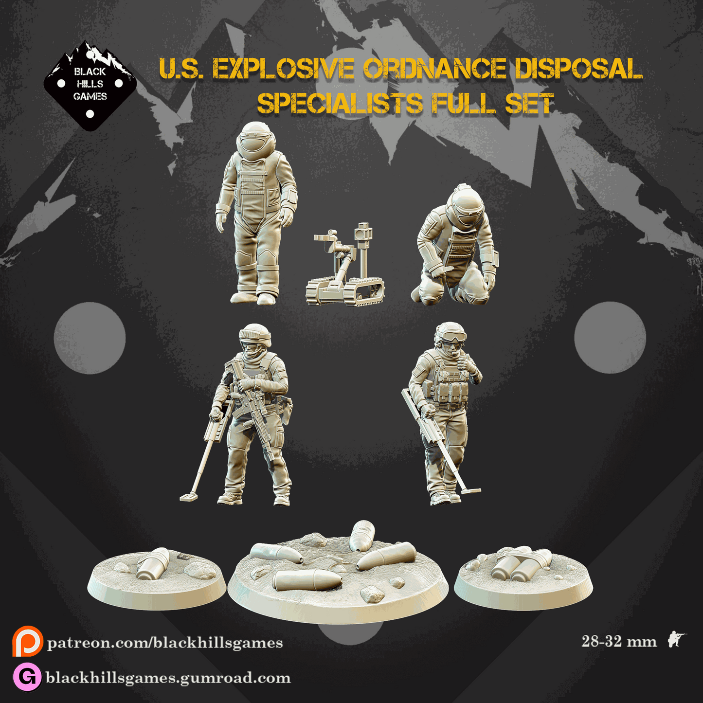 28mm modern US Explosive Ordnance Disposal set with bomb suit specialists, metal detector models, EOD ground robot Talon, and IED markers.