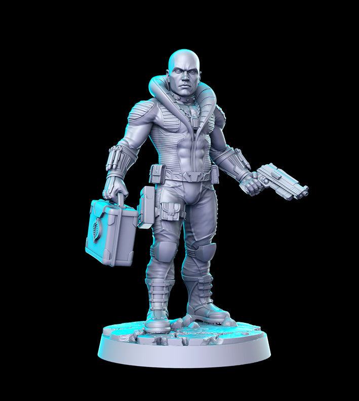 32mm resin model of a futuristic soldier holding a briefcase and gun for modern pulp gaming, unpainted and detailed.