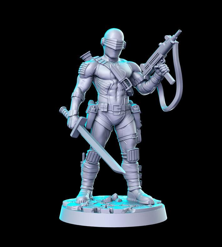 32mm resin model of a futuristic pulp hero holding a gun and sword, perfect for modern pulp gaming, unpainted and unassembled.