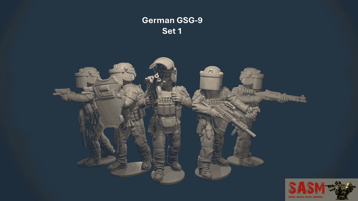 Set of five detailed unpainted 28mm German GSG-9 miniatures in tactical gear with weapons and breaching equipment