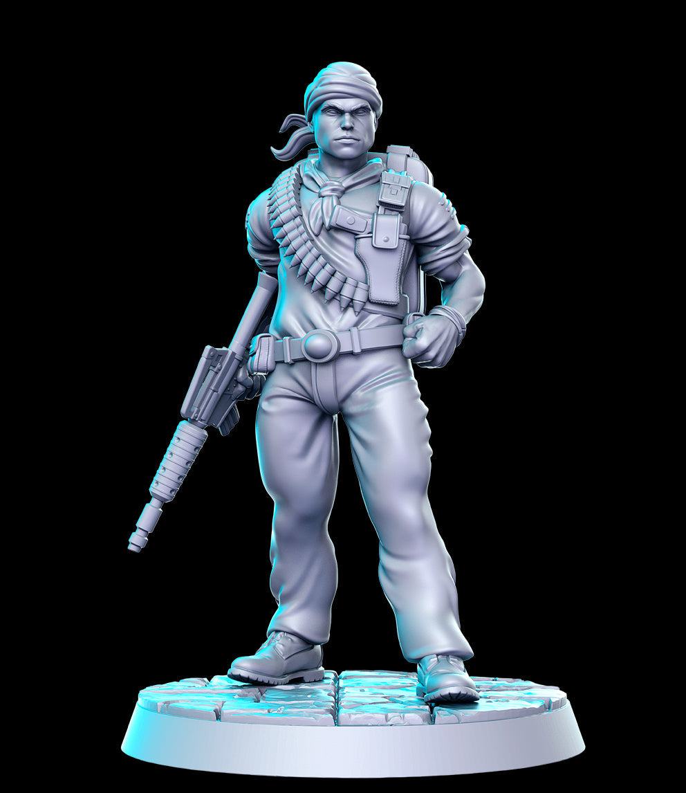 32mm resin model of a pulp tunneler figure with bandolier and rifle, unpainted and detailed for modern pulp gaming.