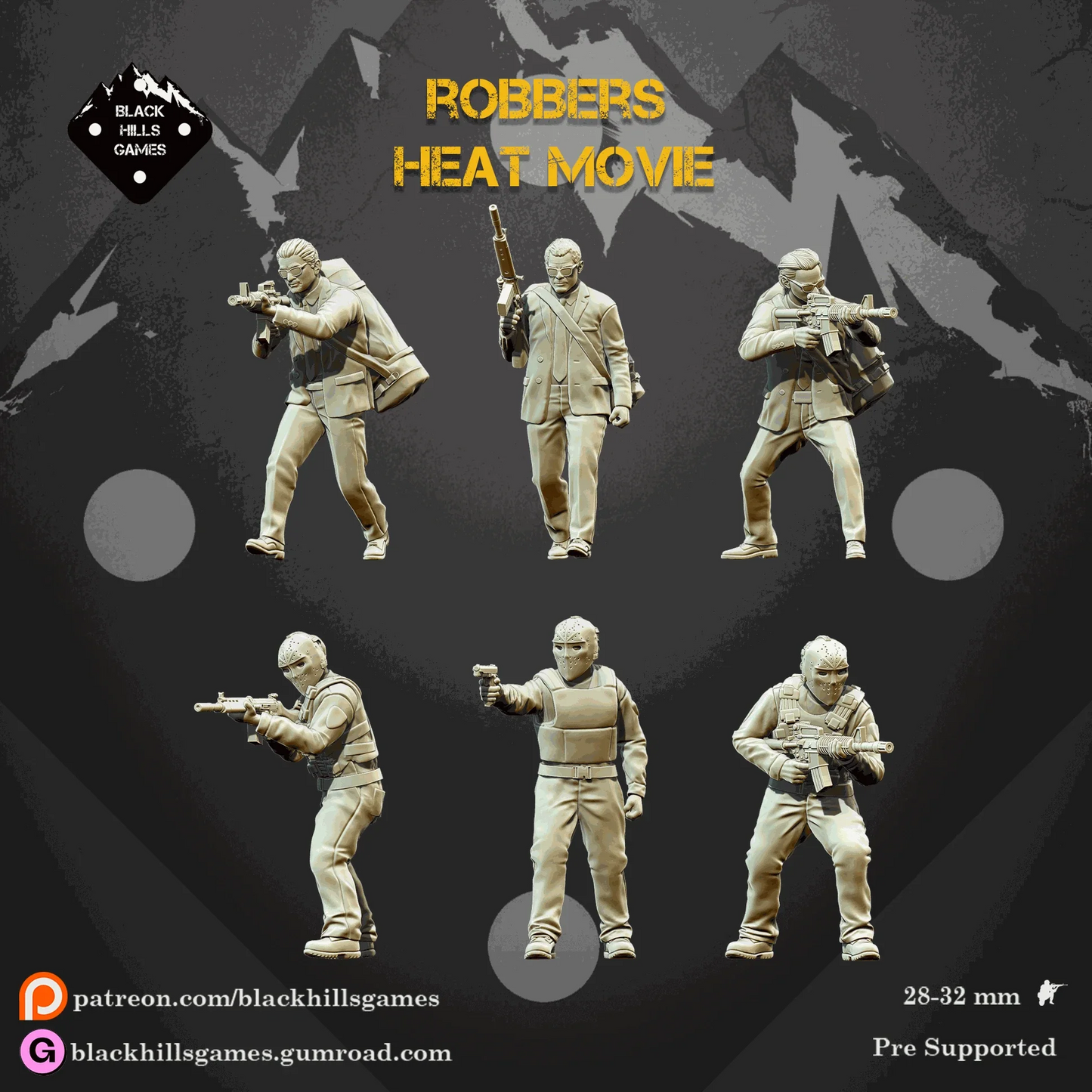 Set of six 28mm modern bank robber resin miniatures unpainted with detailed poses