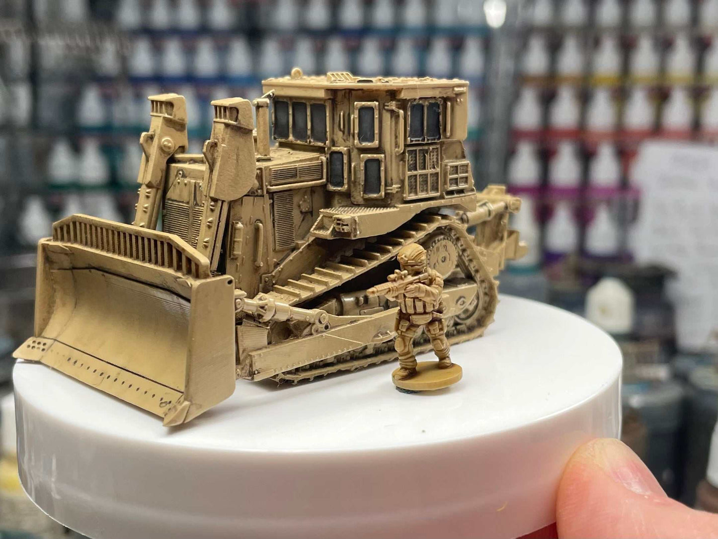 15mm scale modern D9 armored bulldozer resin model with soldier figure on display