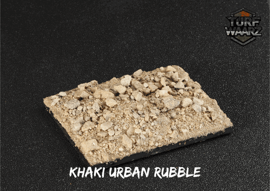 Turf Waarz Khaki Urban Rubble miniature wargame terrain scatter with khaki rubble and gravel texture on a rectangular base