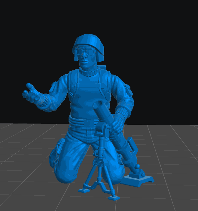 32mm resin model of a greenshirt soldier kneeling and operating a mortar for modern pulp gaming