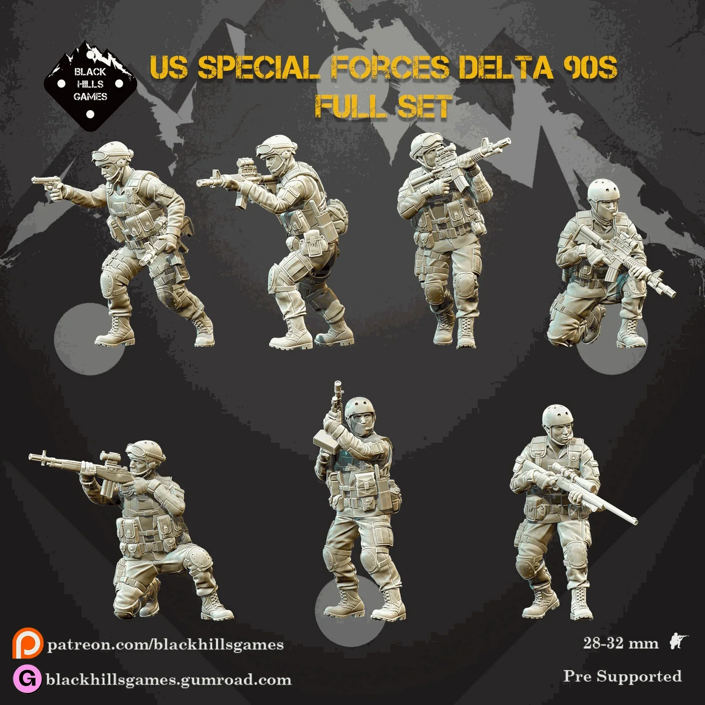 28mm Modern US Special Forces Delta 90s resin miniatures set with 7 detailed unpainted soldier models carrying M4, M14, M24 rifles and 249 LMG