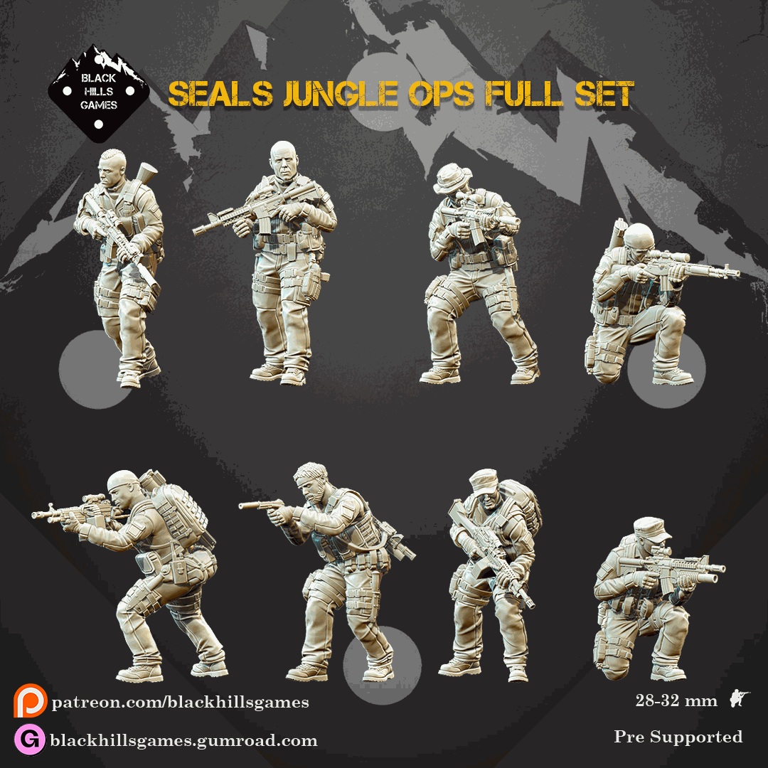 28mm Modern US Navy Seals jungle ops resin miniatures set with seven unpainted tactical soldier models carrying pistols, SMGs, and rifles