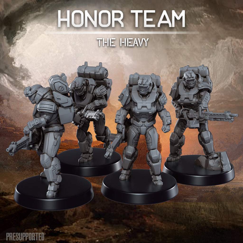 Set of four 32mm printed miniatures, The Honor Team The Heavy, unpainted resin models with detailed armor and weapons.