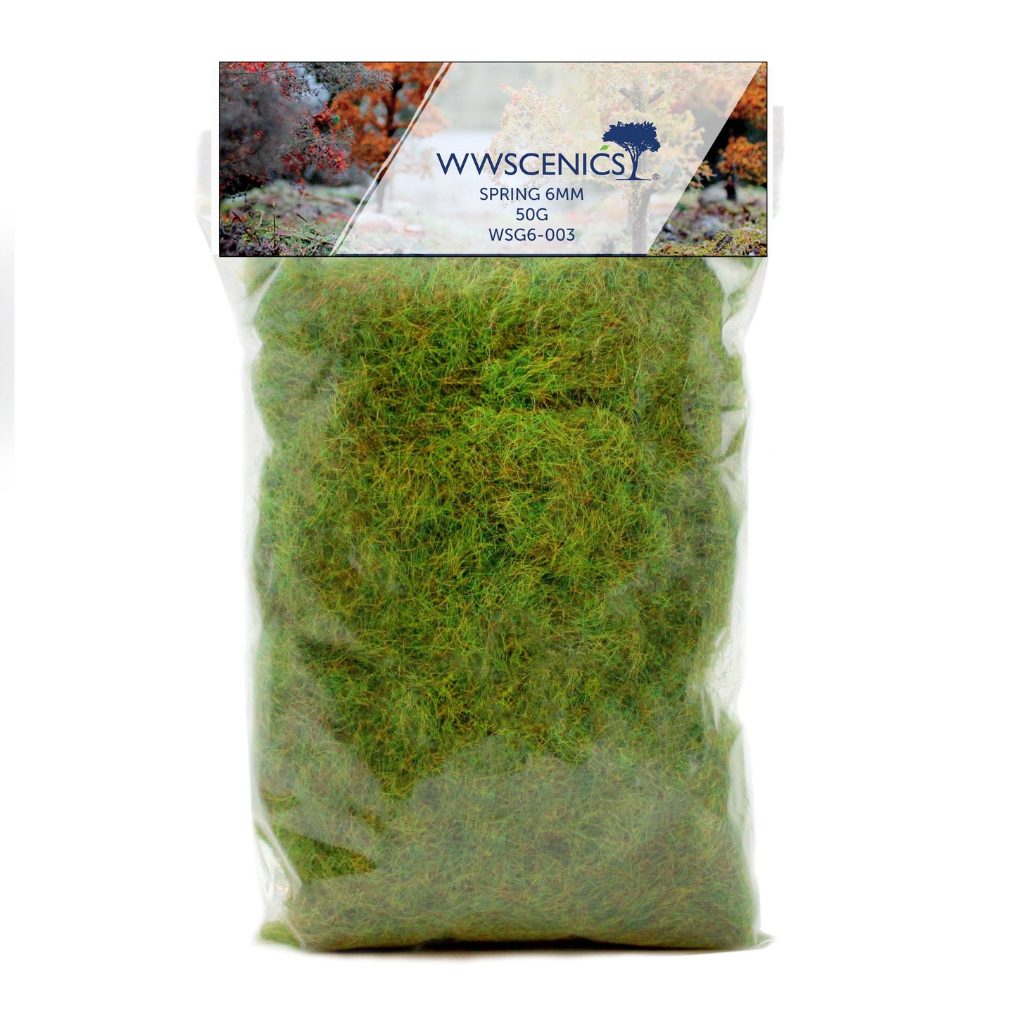 WWScenics 6mm spring static grass for miniature terrain, wargaming boards, dioramas, and model railway scenery, bright fresh green fibers