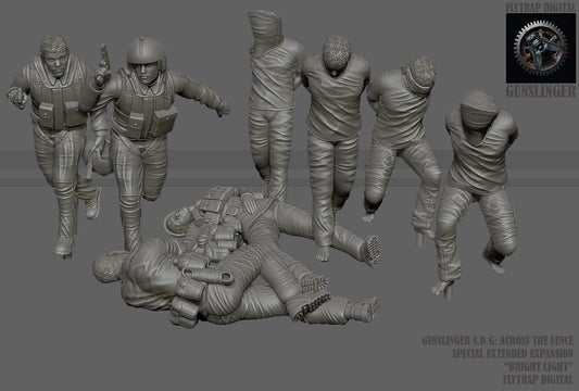 Set of eight 28mm unpainted resin 3D printed Modern SOG operation miniatures including running, standing, and prone figures requiring assembly.