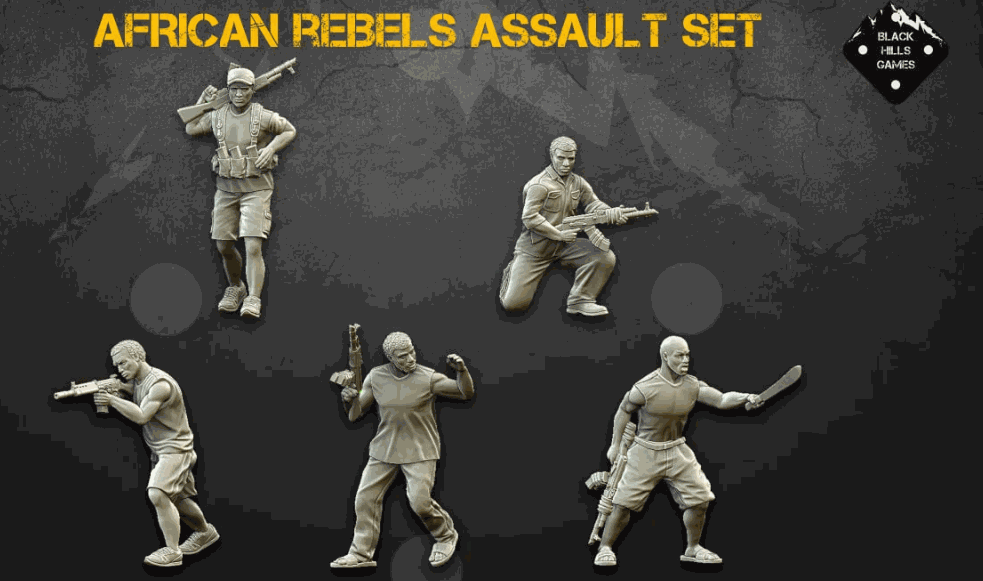 28mm Modern African Rebels resin miniatures set with 5 unpainted African rebel figures carrying AK47 and FN FAL rifles