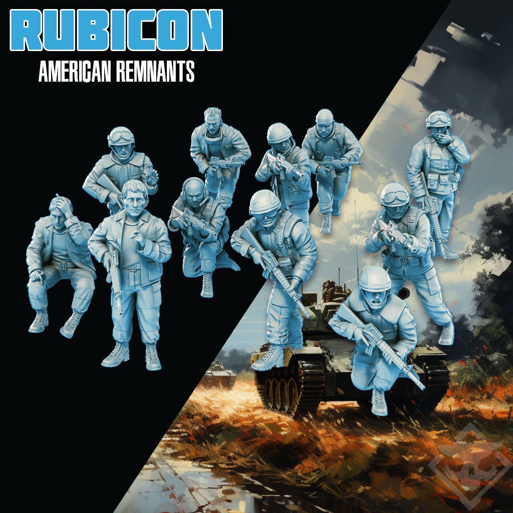 Set of 11 unpainted 32mm American Remnants resin miniatures with detailed military poses