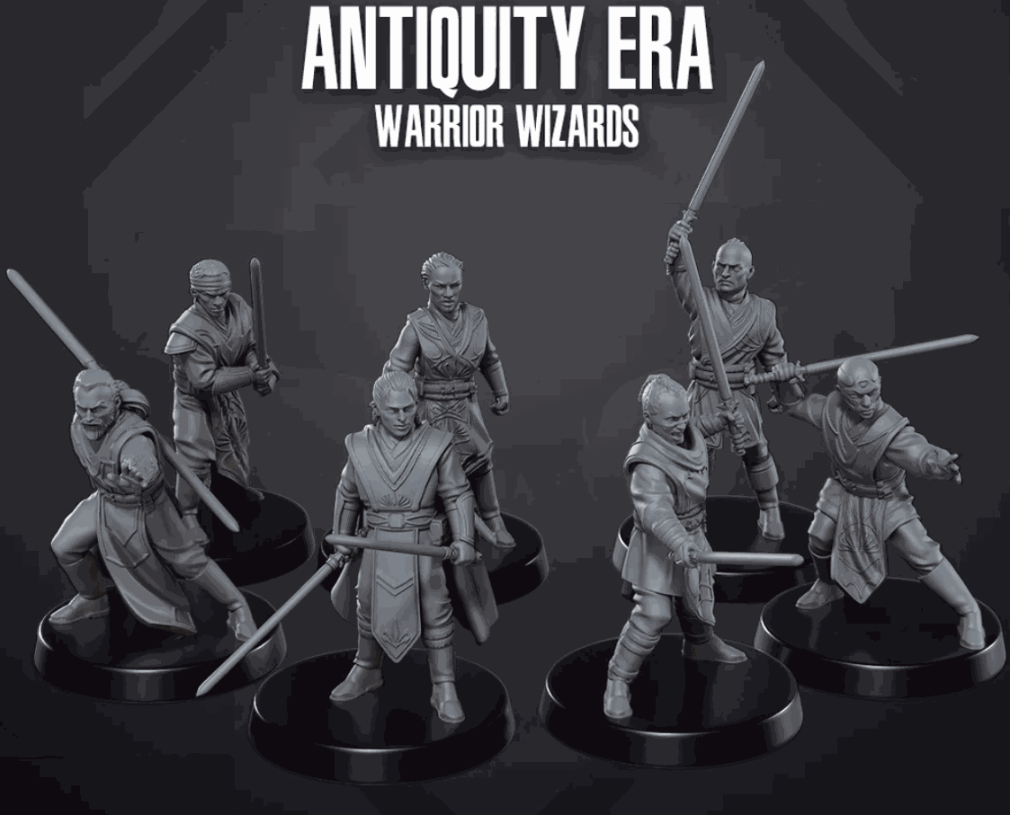 Set of seven 32mm resin printed miniatures of Antiquity Era Wizard Warriors unpainted and detailed