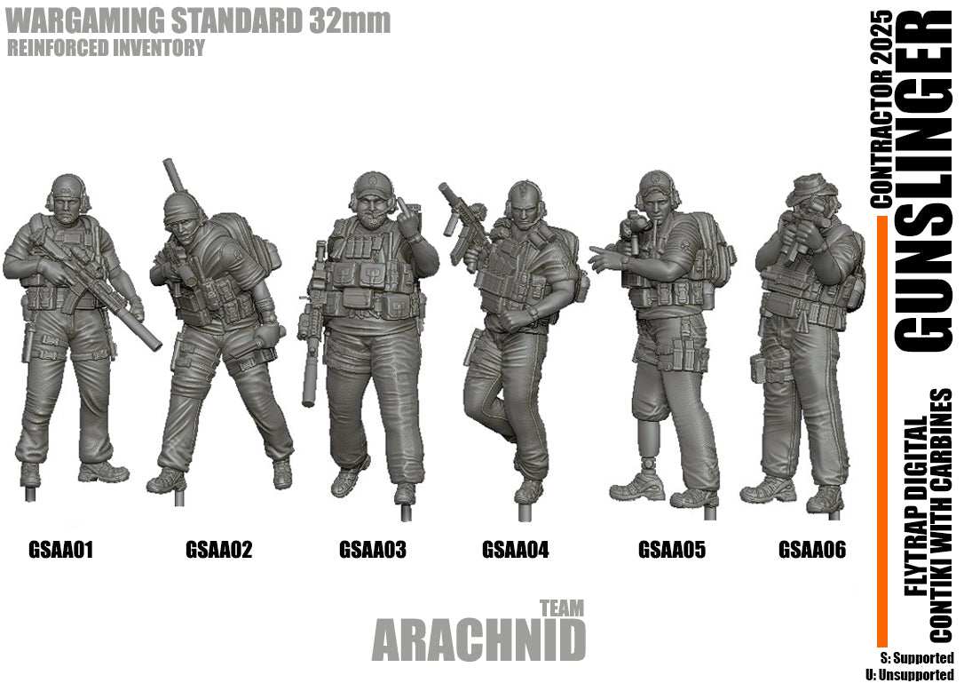 28mm modern resin miniatures of 'Team Arachnid' American military contractors in tactical gear with carbines for wargaming