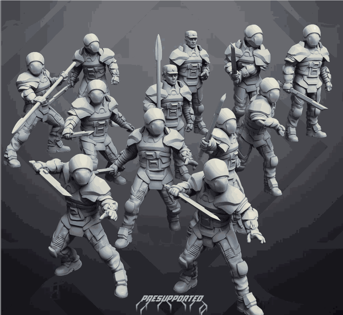 Set of 12 32mm printed miniatures of Atreus Oathkeepers in resin with detailed armor and weapons, unpainted and unassembled.