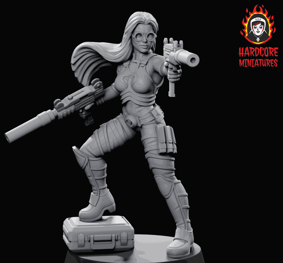 32mm resin model of Pulp Dutchess holding guns in dynamic pose for modern pulp gaming