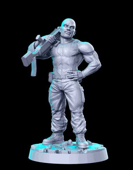 32mm resin model of muscular soldier with large gun for modern pulp gaming, unpainted and unassembled.