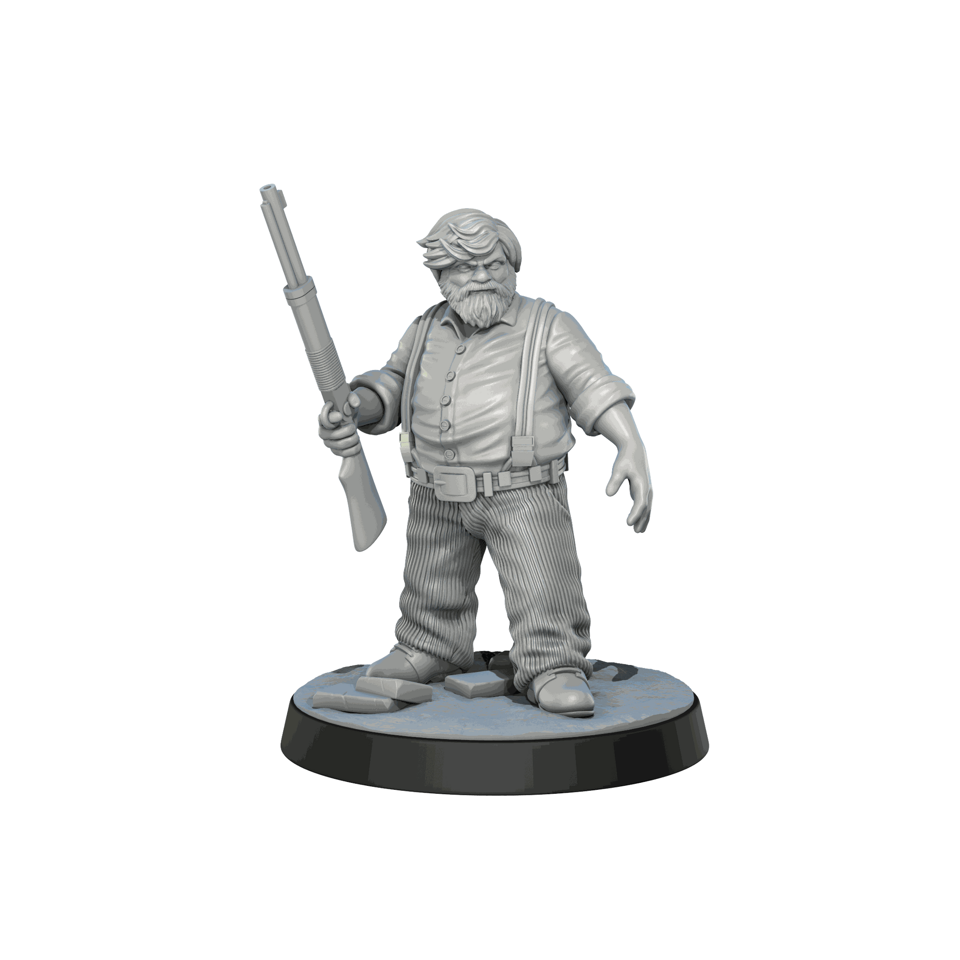 32mm resin miniature of The Overseer Cthulhu investigator holding a rifle, unpainted and detailed model on display base