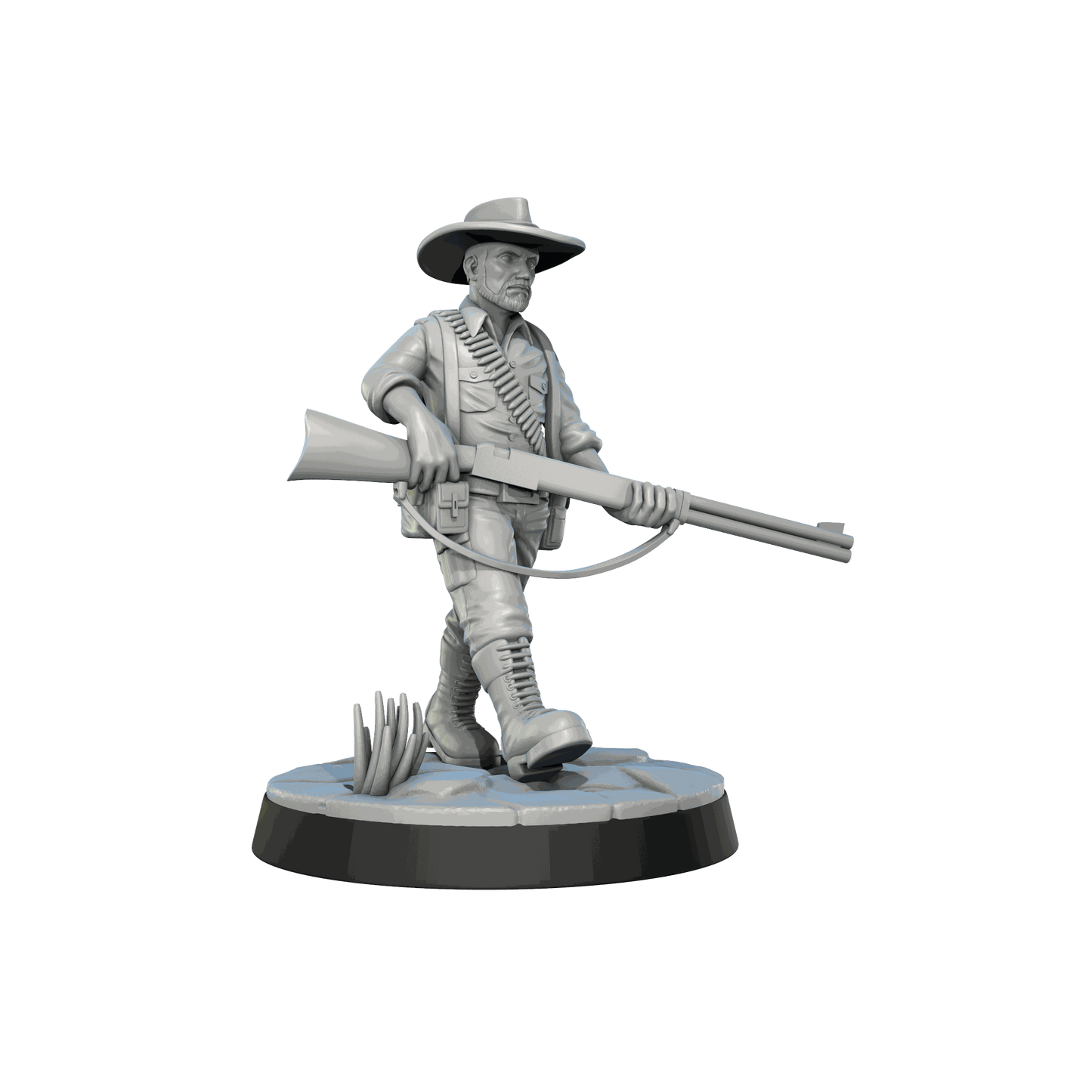 32mm Crocodile Hunter resin miniature with hat and shotgun on display base