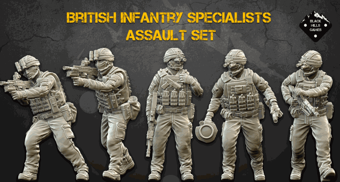 5 unpainted 28mm modern British infantry specialist resin miniatures with detailed gear and weapons including L85 rifles, grenade launcher, LMG, and NLAW