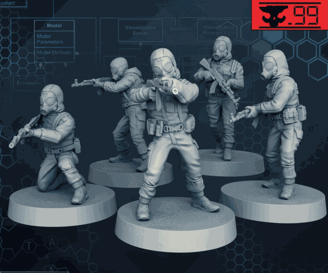 Set of five unpainted 32mm BioHazard Wolf Soldiers resin miniatures with detailed gas masks and tactical gear