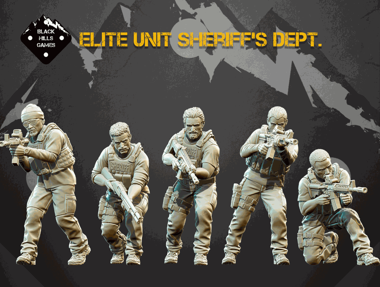 28mm Modern Elite Unit Sheriff’s Dept resin miniatures set with 5 unpainted sheriff operators holding M4 and SCAR assault rifles