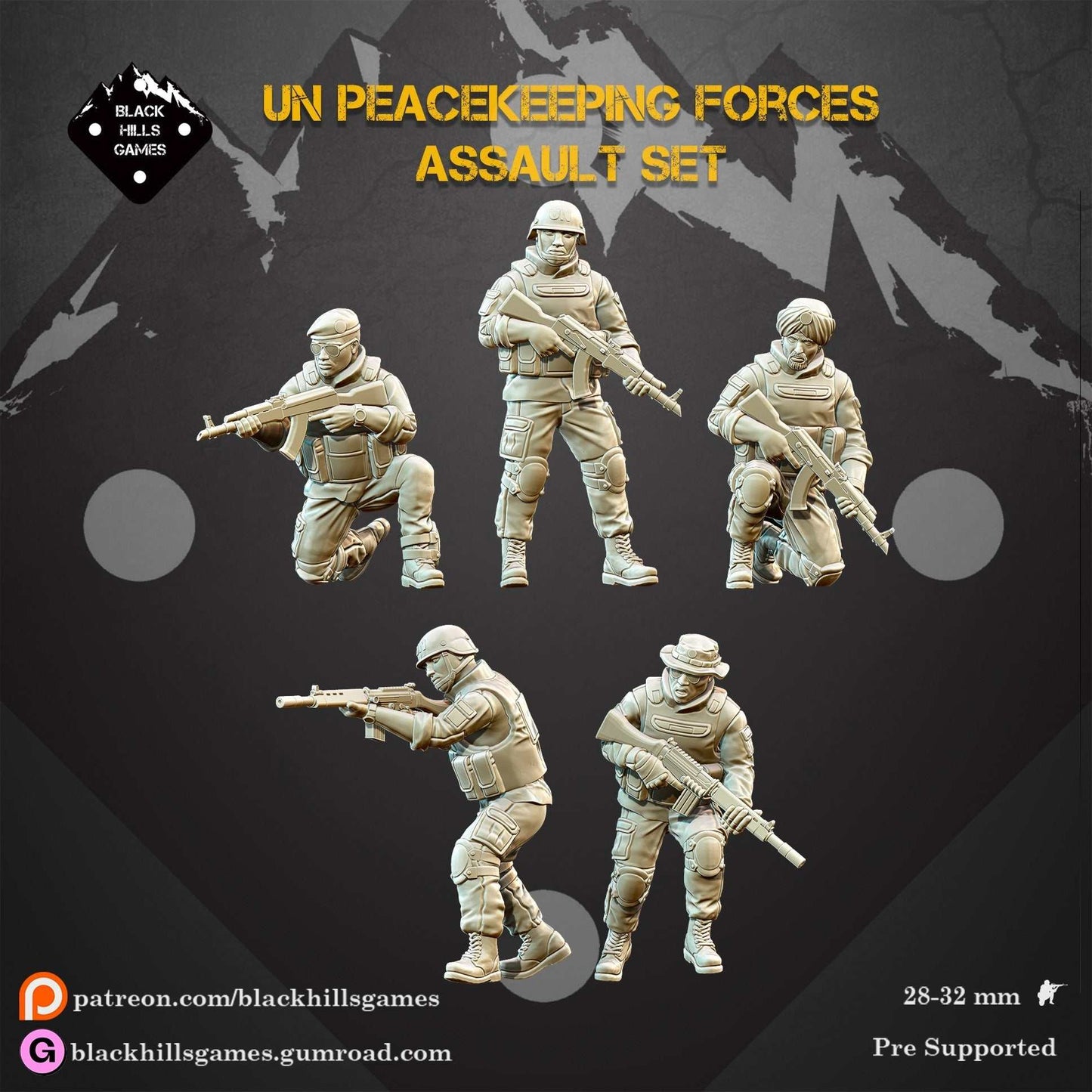 28mm Modern UN Peacekeeping Forces resin miniatures set with five unpainted soldiers holding rifles in various poses