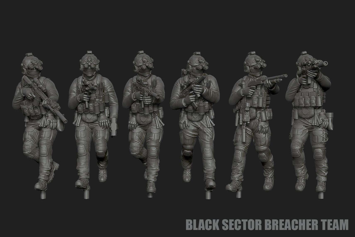 Set of six 28mm Modern GUNSLINGER resin figures depicting Black Sector GIG Breacher Team in tactical gear.