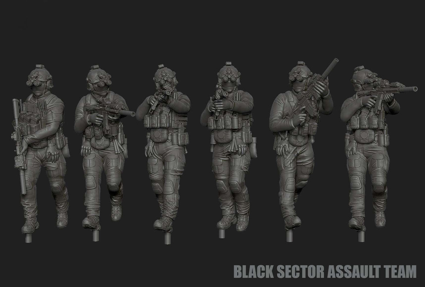 28mm modern gunslinger resin models of Black Sector GIG Assault Team in tactical gear with firearms, unpainted and detailed.